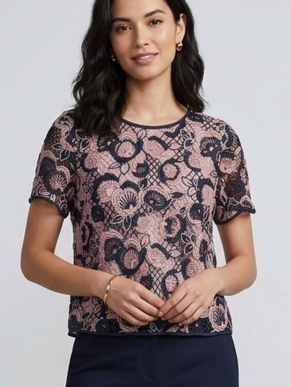 Ann Taylor Petite Blush Pink & Navy Floral Lace Overlay Top Sz 10P